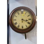 A mahogany circular wall clock with painted dial and fusee movement, 31cm diameter