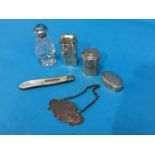 A bag of assorted including a fruit knife, decanter label etc.