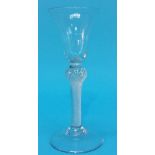 A Georgian wine glass with bell shaped bowl and clear glass air twist inverted baluster stem, 15.5cm