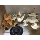 Royal Albert Old Country Rose tea pot etc. and a teddy bear