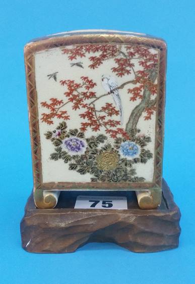 A late 19th century / early 20th century Satsuma rectangular vase and stand, decorated with birds