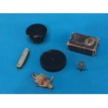 Collection of miniature items including cold painted bronze cat, fruit knife etc.