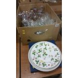 Box of glass and 3 cake plates