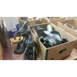 Pair of Spelter Marley horses and a box of metal wares