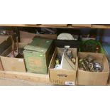 Shelf of assorted brass, tea set, glass etc.