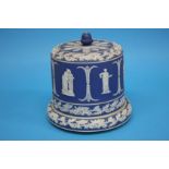 A large Adams and Bromley blue Jasperware cheese dish and cover. 26cm diameter and 27cm height