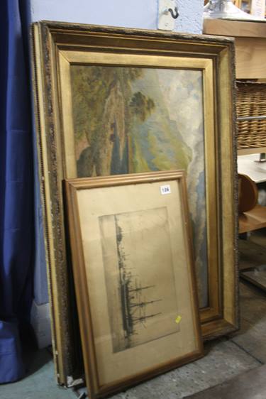 Gilt framed oil on canvas, landscape and an etching