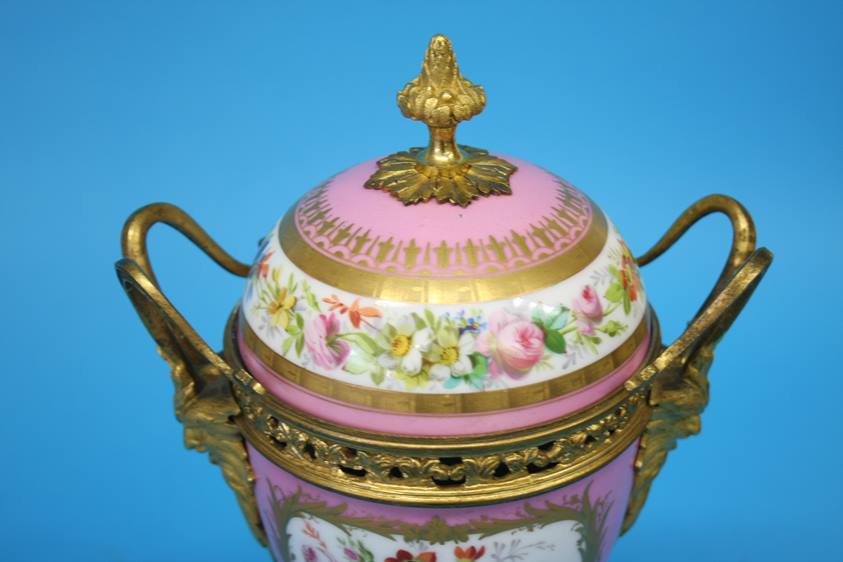 A Continental porcelain three piece garniture, each vase decorated on a pink Sevres style ground - Image 18 of 18