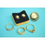 An 18ct gold diamond eight stone ring, two other diamond rings and a Wedgwood cameo set