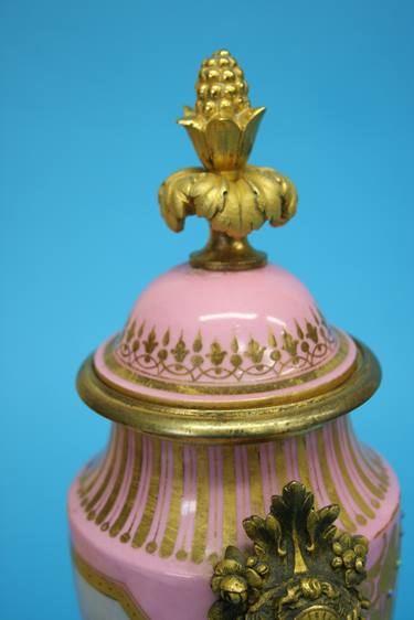 A Continental porcelain three piece garniture, each vase decorated on a pink Sevres style ground - Image 17 of 18