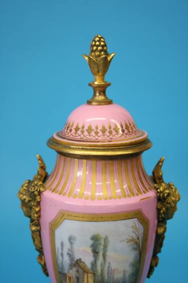 A Continental porcelain three piece garniture, each vase decorated on a pink Sevres style ground - Image 7 of 18