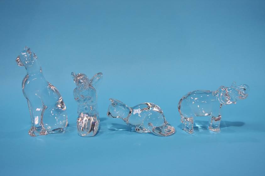 Four Baccarat crystal figures, two cats, elephant and an angel