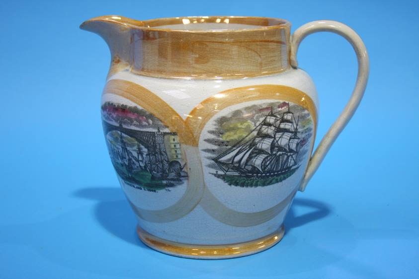 A Sunderland lustre jug, probably by Scott, featuring a verse 'The Sunderland Bridge and two ships' - Image 7 of 8