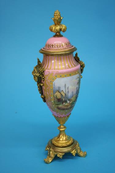 A Continental porcelain three piece garniture, each vase decorated on a pink Sevres style ground - Image 10 of 18