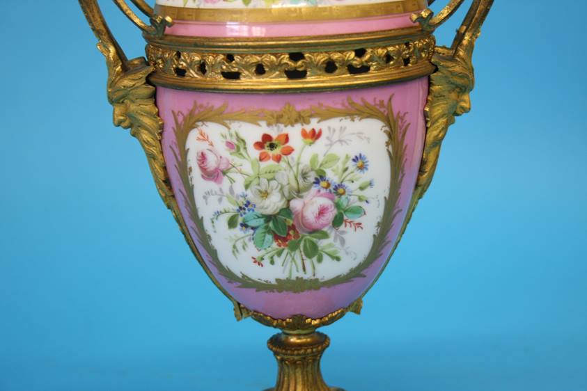 A Continental porcelain three piece garniture, each vase decorated on a pink Sevres style ground - Image 12 of 18