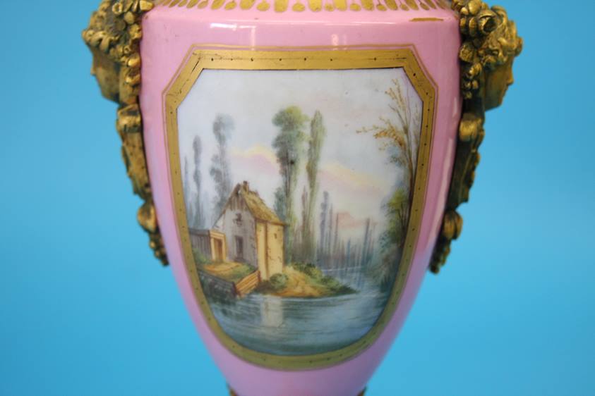 A Continental porcelain three piece garniture, each vase decorated on a pink Sevres style ground - Image 3 of 18