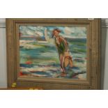 20th Century Scottish School, oil on canvas, 'Bathers in the North Sea'. 40cm x 29.5cm