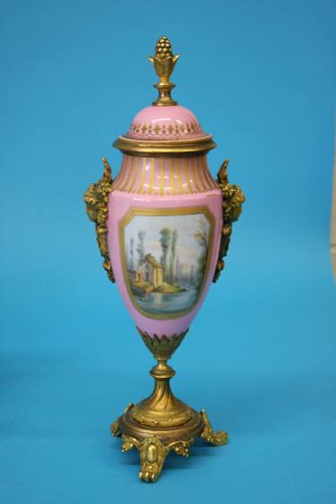 A Continental porcelain three piece garniture, each vase decorated on a pink Sevres style ground - Image 2 of 18