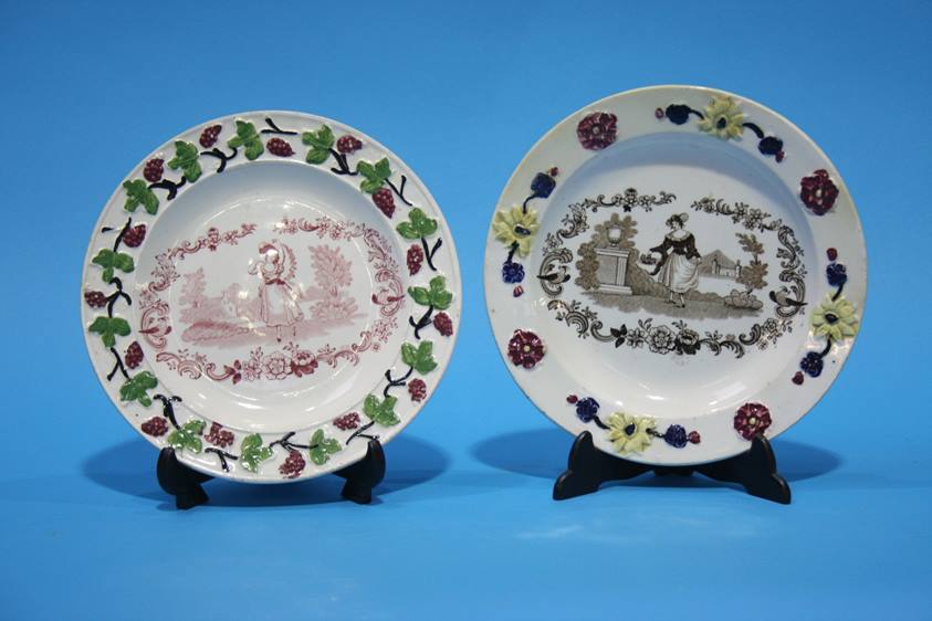 2 Decorative plates by Dawson with transfer print decoration and moulded decoration to rim