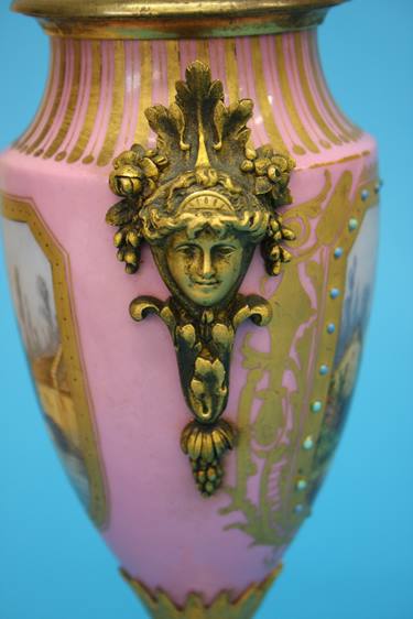 A Continental porcelain three piece garniture, each vase decorated on a pink Sevres style ground - Image 15 of 18