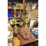 3 Brass lamps, carved mask etc.