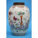 A large famille rose ginger jar, decorated with the hundred Antiques pattern, flowers and