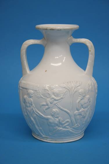 A 19th century porcelain Portland vase on a polished white ground, with classical relief figure of a - Image 2 of 7