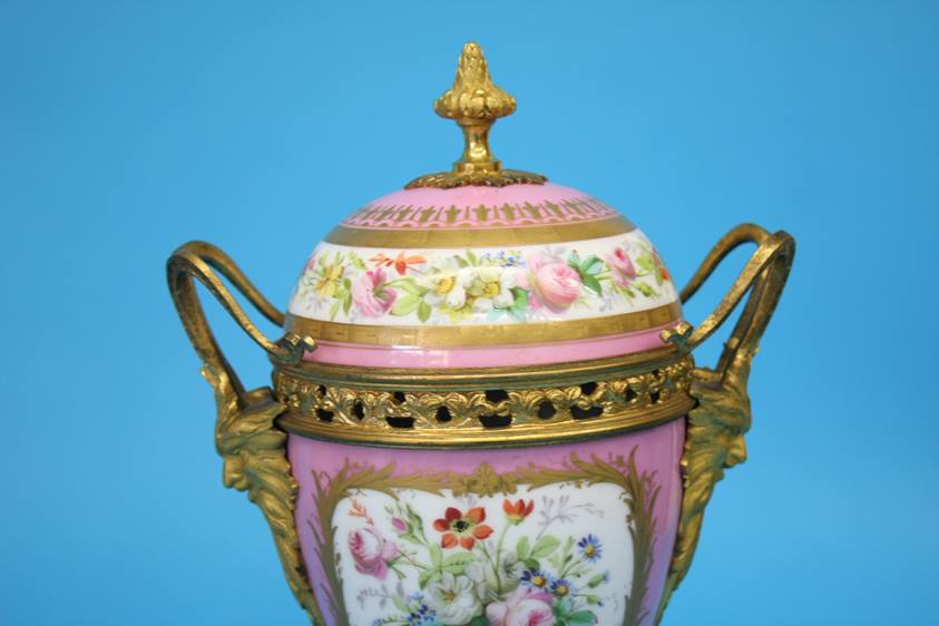 A Continental porcelain three piece garniture, each vase decorated on a pink Sevres style ground - Image 11 of 18