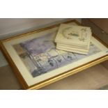 Three Royal Doulton plates and a watercolour of Venice.