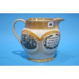 A Sunderland lustre jug, probably by Scott, featuring a verse 'The Sunderland Bridge and two ships'