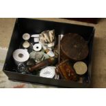Box of assorted including eye baths, sovereign scales, a pestle etc.