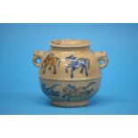 A GE type two handled globular pot decorated with eight horses of Mu Wang, seal mark to base,