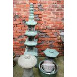 A Pagoda garden ornament, various plant pots etc.