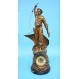 A large Spelter clock group garniture 'Cod fishing', 'Distress' and 'Rescue'
