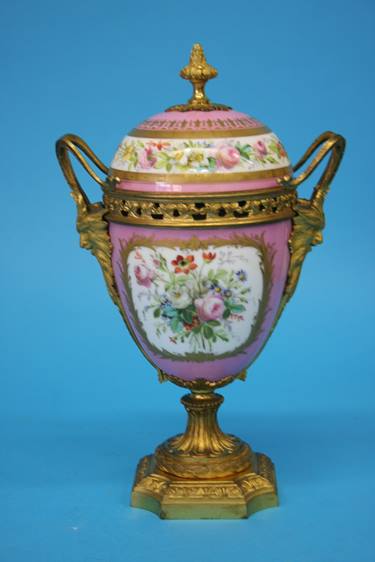 A Continental porcelain three piece garniture, each vase decorated on a pink Sevres style ground - Image 9 of 18