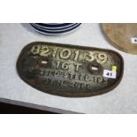 A cast iron Wagon plate