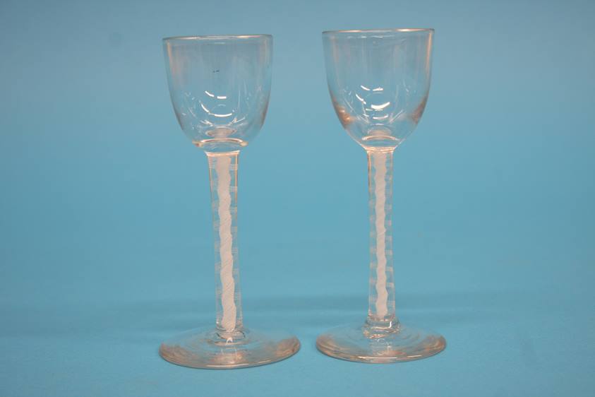 Two Victorian sherry glasses with bell shaped bowl and double opaque air twist stems, 11cm height - Image 6 of 10