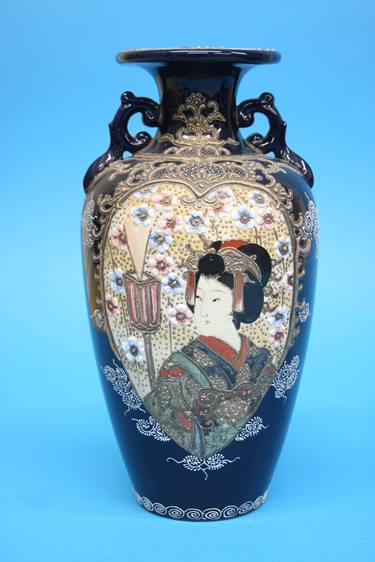 A pair of 1920/1930's Satsuma vases decorated with panels of landscapes etc. 25cm height - Image 5 of 24