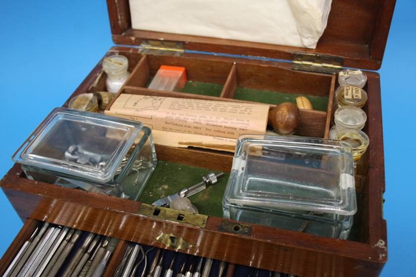 A 19th Century mahogany travelling Dentist's cabinet with rising top, opening to reveal a filled - Image 8 of 16