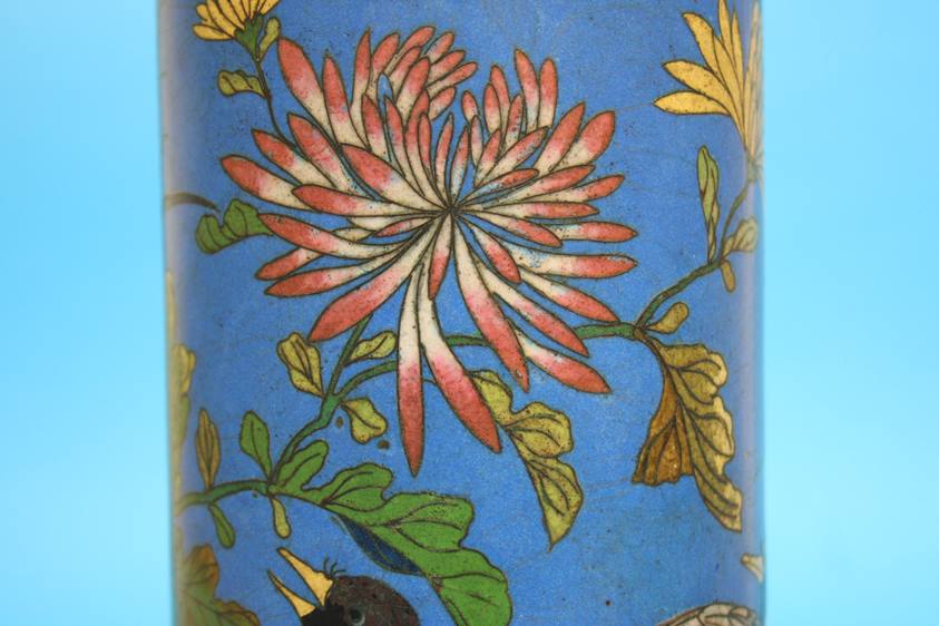 A Japanese Cloisonné enamelled vase on a blue ground decorated with birds, 31cm height, 12cm - Image 9 of 14