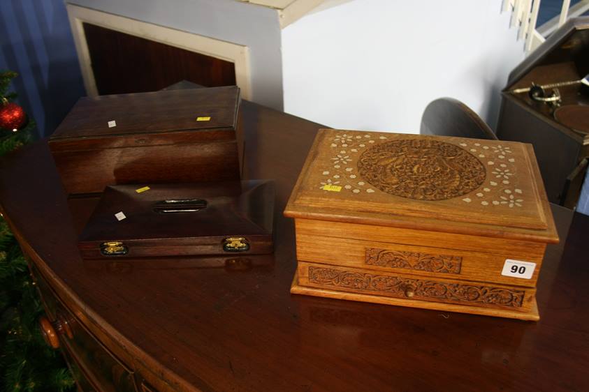Carved Camphor wood jewellery box and two others