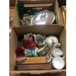 Two boxes including plated tureen, cranberry glass