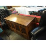 An oak coffer with carved panels and two short drawers