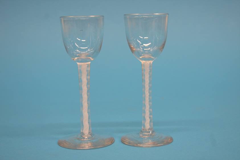 Two Victorian sherry glasses with bell shaped bowl and double opaque air twist stems, 11cm height - Image 7 of 10