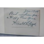 Harold Lloyd (1893 - 1971), blue fountain pen ink signature, 'Best Wishes for a Happy New Year,