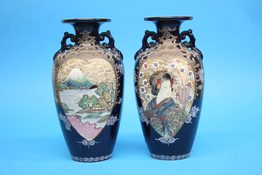 A pair of 1920/1930's Satsuma vases decorated with panels of landscapes etc. 25cm height - Image 14 of 24