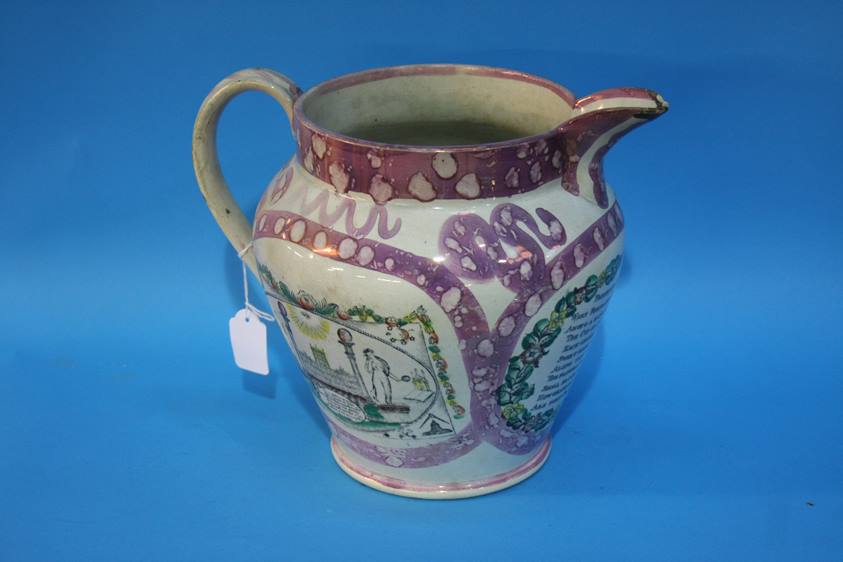 A Sunderland Lustre jug decorated with Masonic scene, view of the Iron Bridge and a verse '