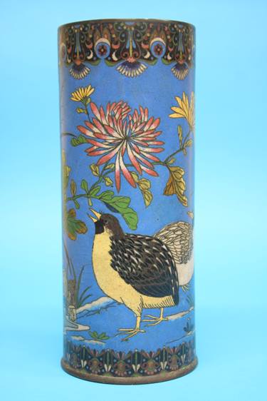 A Japanese Cloisonné enamelled vase on a blue ground decorated with birds, 31cm height, 12cm