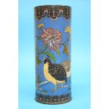 A Japanese Cloisonné enamelled vase on a blue ground decorated with birds, 31cm height, 12cm