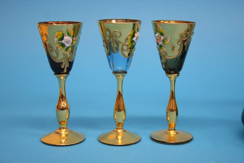 A Continental coloured glass liqueurs set comprising gilt and enamelled decanter and six small - Image 7 of 8